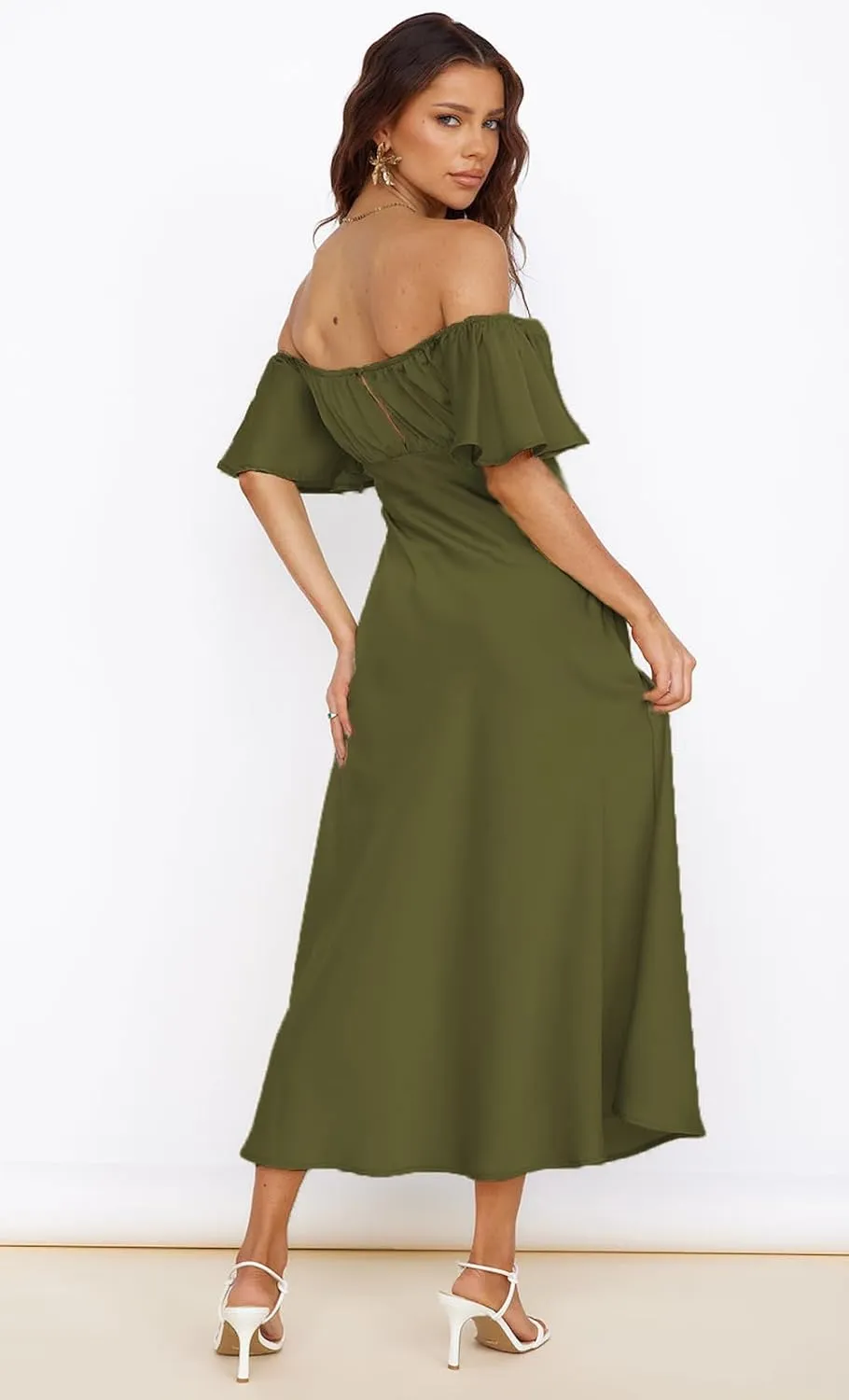 2025 Summer Women's Satin Off Shoulder Formal Dress Wedding Guest Elegant Butterfly Sleeve Split Cocktail Prom Midi Dresses