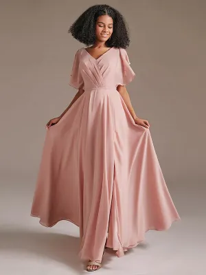 A Line Chiffon Bridesmaid Dress with Short Sleeve