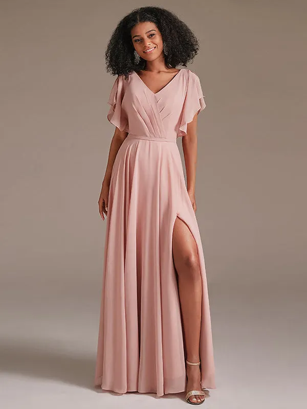 A Line Chiffon Bridesmaid Dress with Short Sleeve