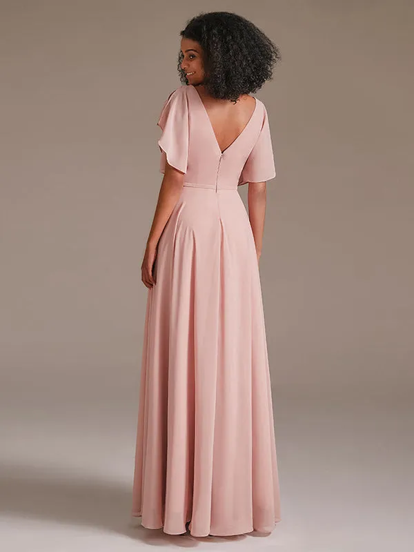 A Line Chiffon Bridesmaid Dress with Short Sleeve