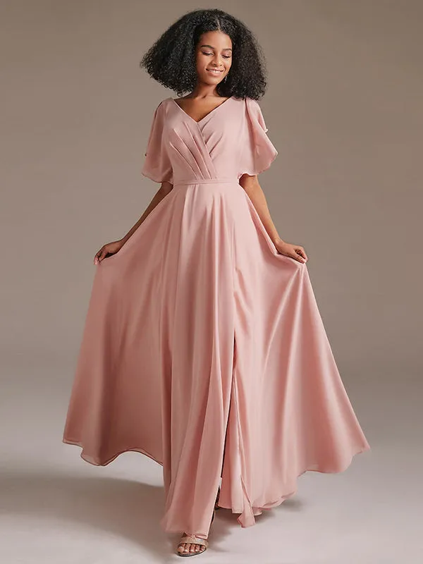 A Line Chiffon Bridesmaid Dress with Short Sleeve