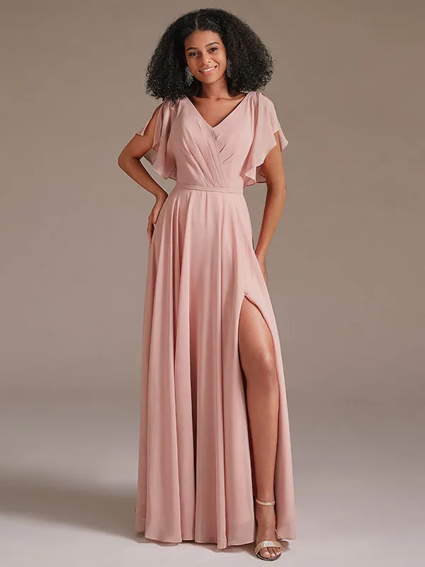 A Line Chiffon Bridesmaid Dress with Short Sleeve
