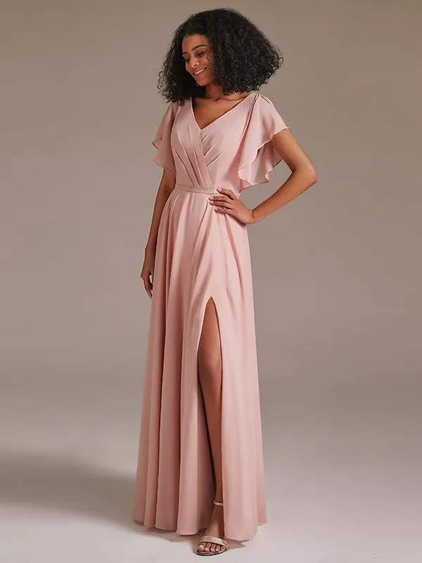 A Line Chiffon Bridesmaid Dress with Short Sleeve