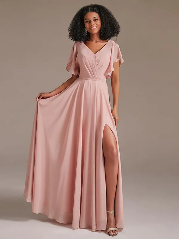 A Line Chiffon Bridesmaid Dress with Short Sleeve