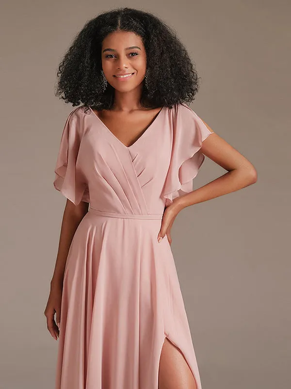 A Line Chiffon Bridesmaid Dress with Short Sleeve