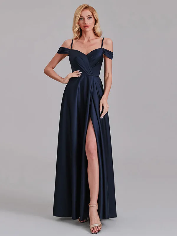 A-Line Spaghetti Straps Off The Shoulder Bridesmaid Dresses With Slit