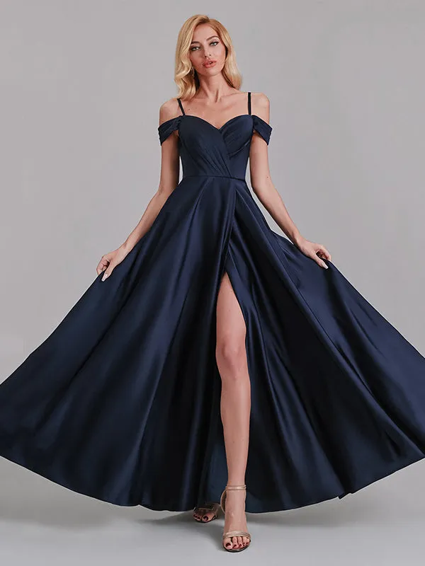 A-Line Spaghetti Straps Off The Shoulder Bridesmaid Dresses With Slit