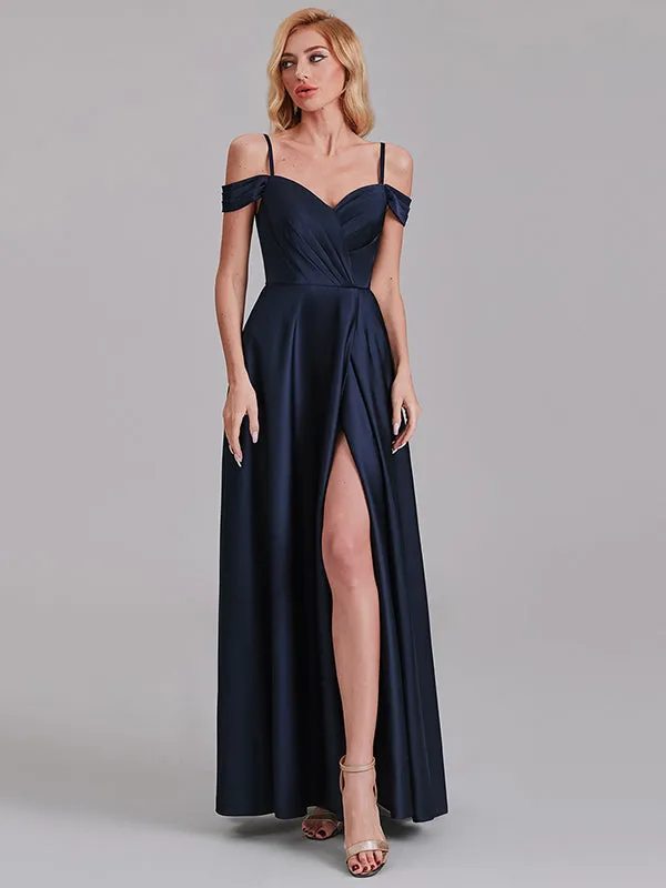 A-Line Spaghetti Straps Off The Shoulder Bridesmaid Dresses With Slit
