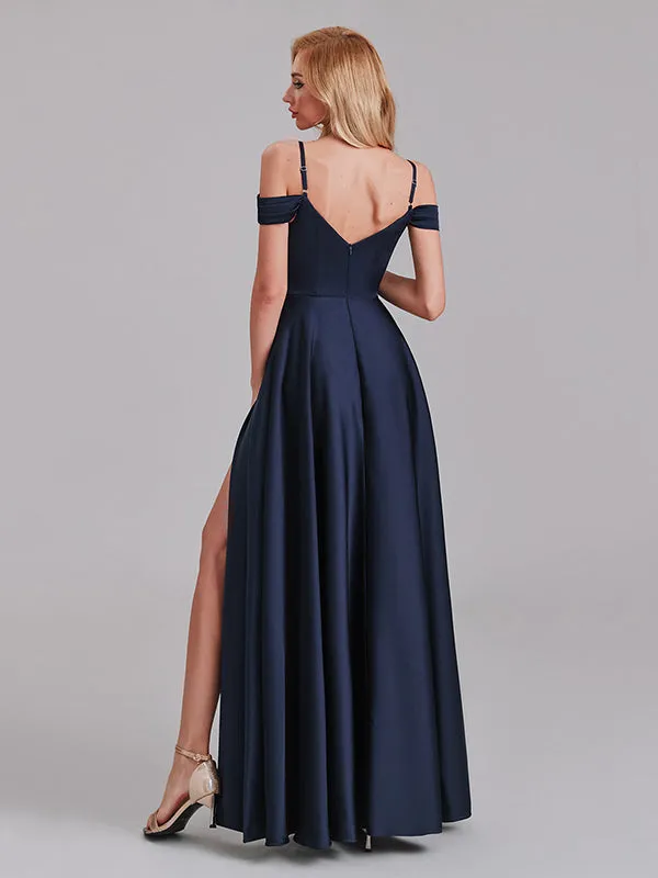 A-Line Spaghetti Straps Off The Shoulder Bridesmaid Dresses With Slit