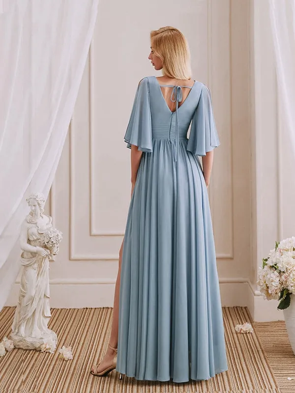 A-Line V-Neck Half Sleeves Pleated Chiffon Side Slit Bridesmaid Dresses