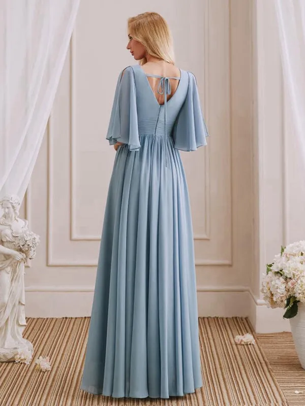 A-Line V-Neck Half Sleeves Pleated Chiffon Side Slit Bridesmaid Dresses