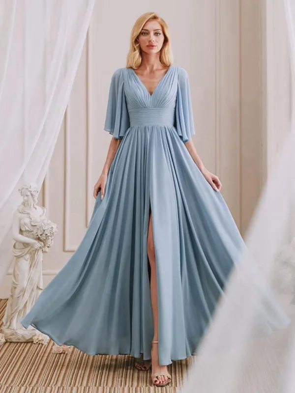 A-Line V-Neck Half Sleeves Pleated Chiffon Side Slit Bridesmaid Dresses