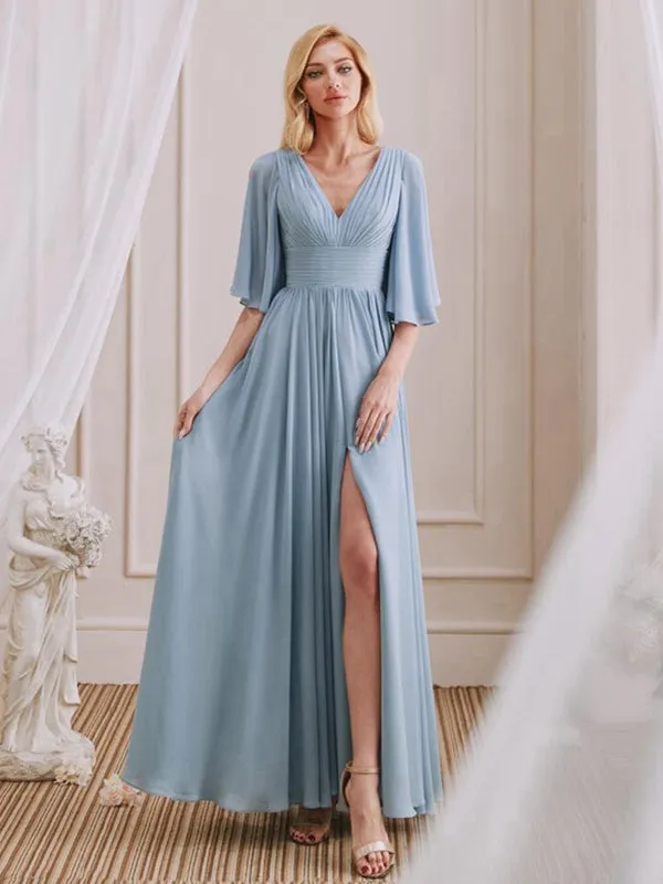A-Line V-Neck Half Sleeves Pleated Chiffon Side Slit Bridesmaid Dresses