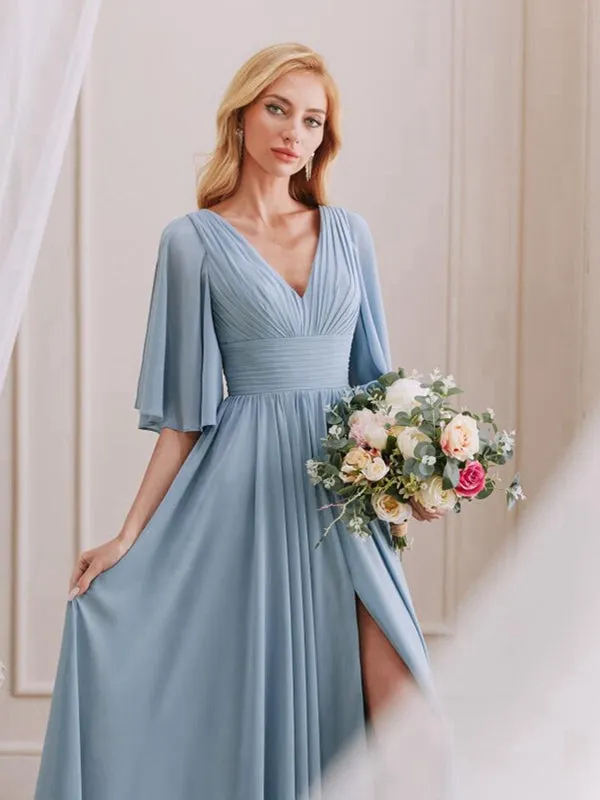 A-Line V-Neck Half Sleeves Pleated Chiffon Side Slit Bridesmaid Dresses