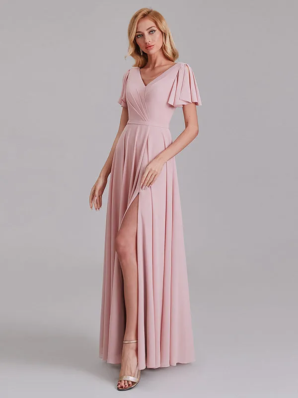 A-Line V-Neck Short Sleeves Side Slit Chiffon Bridesmaid Dress With Belt