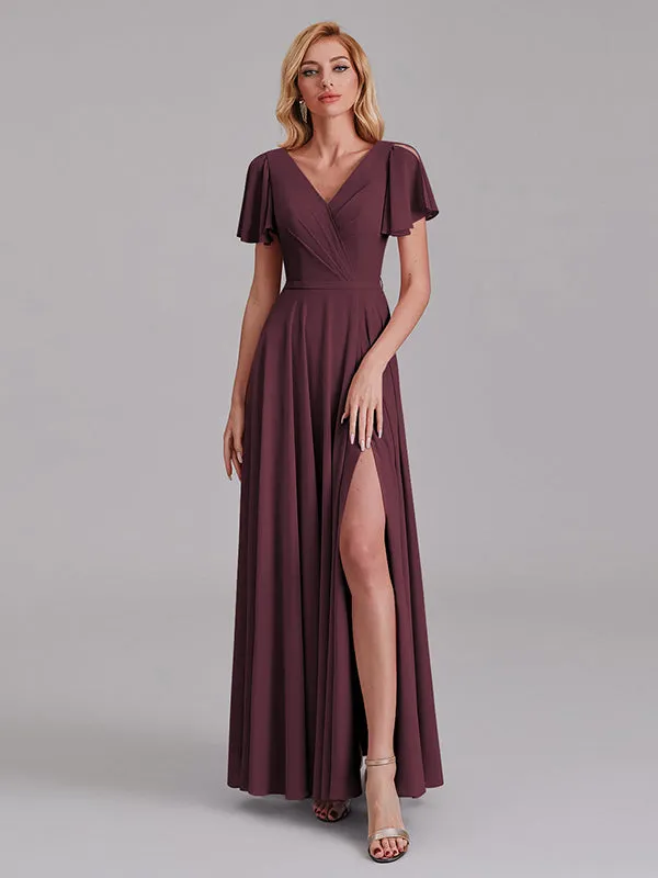 A-Line V-Neck Short Sleeves Side Slit Chiffon Bridesmaid Dress With Belt