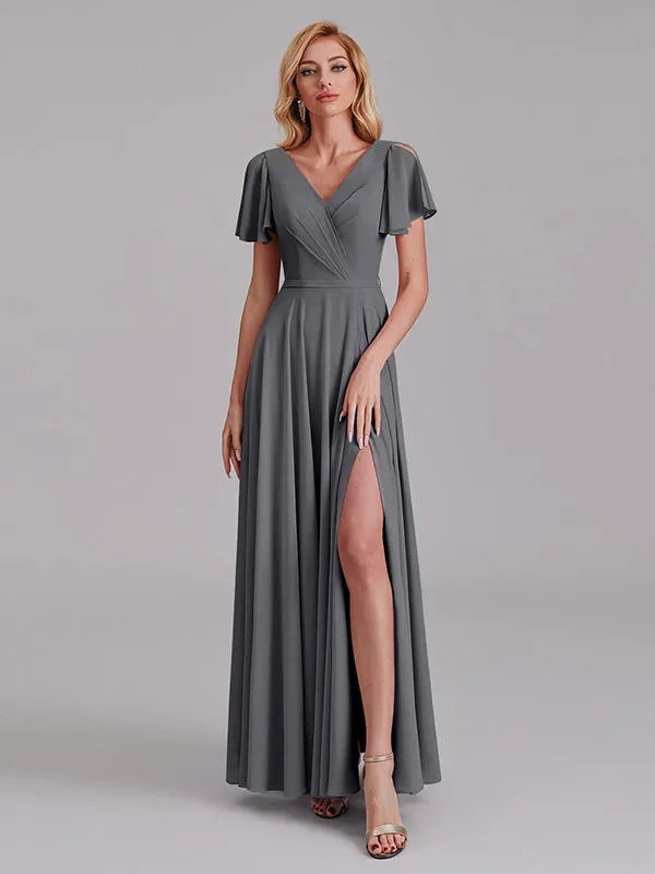 A-Line V-Neck Short Sleeves Side Slit Chiffon Bridesmaid Dress With Belt