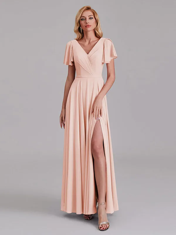 A-Line V-Neck Short Sleeves Side Slit Chiffon Bridesmaid Dress With Belt