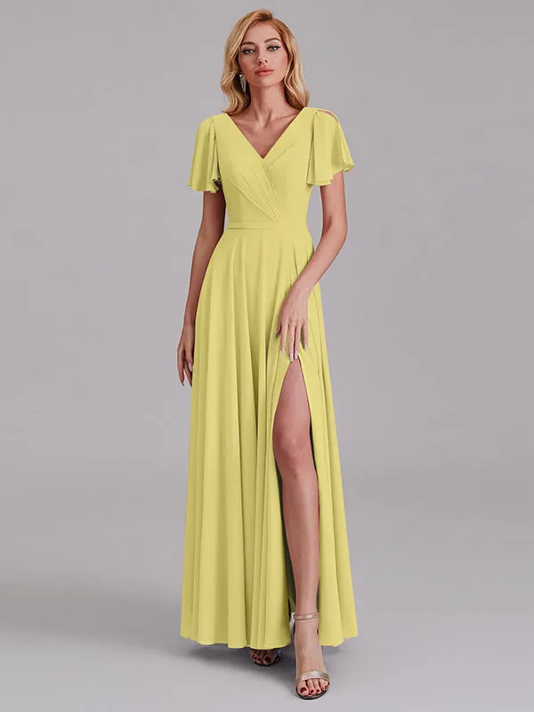 A-Line V-Neck Short Sleeves Side Slit Chiffon Bridesmaid Dress With Belt