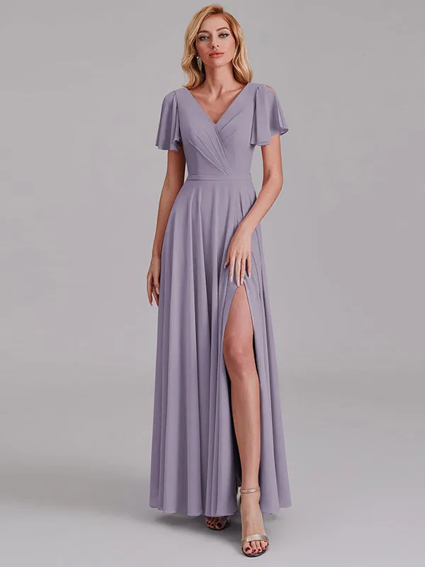 A-Line V-Neck Short Sleeves Side Slit Chiffon Bridesmaid Dress With Belt