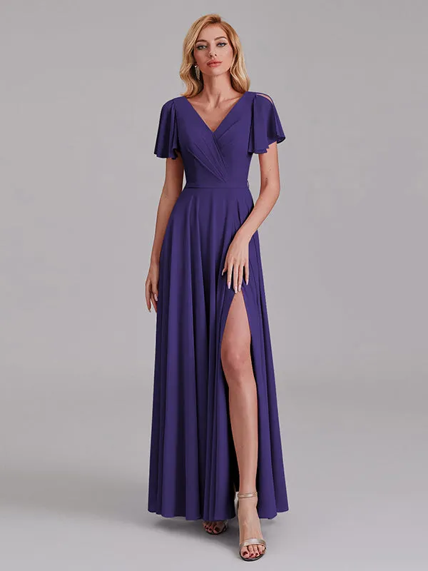 A-Line V-Neck Short Sleeves Side Slit Chiffon Bridesmaid Dress With Belt