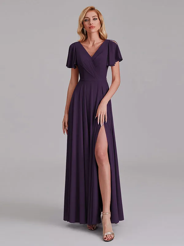A-Line V-Neck Short Sleeves Side Slit Chiffon Bridesmaid Dress With Belt