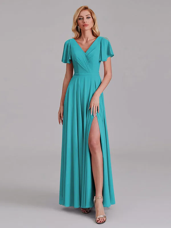 A-Line V-Neck Short Sleeves Side Slit Chiffon Bridesmaid Dress With Belt