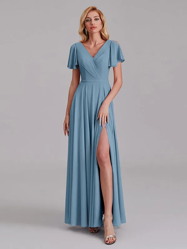 A-Line V-Neck Short Sleeves Side Slit Chiffon Bridesmaid Dress With Belt