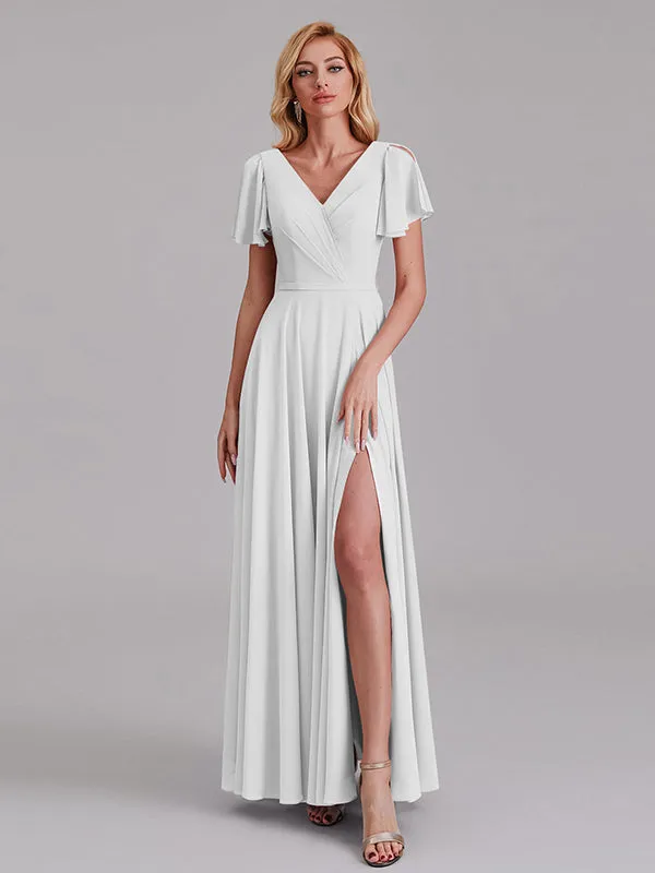 A-Line V-Neck Short Sleeves Side Slit Chiffon Bridesmaid Dress With Belt