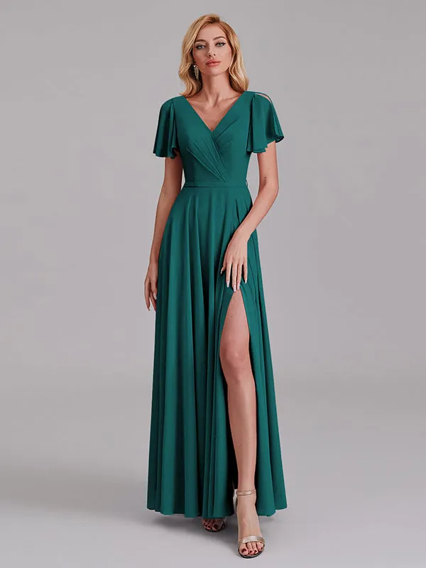 A-Line V-Neck Short Sleeves Side Slit Chiffon Bridesmaid Dress With Belt