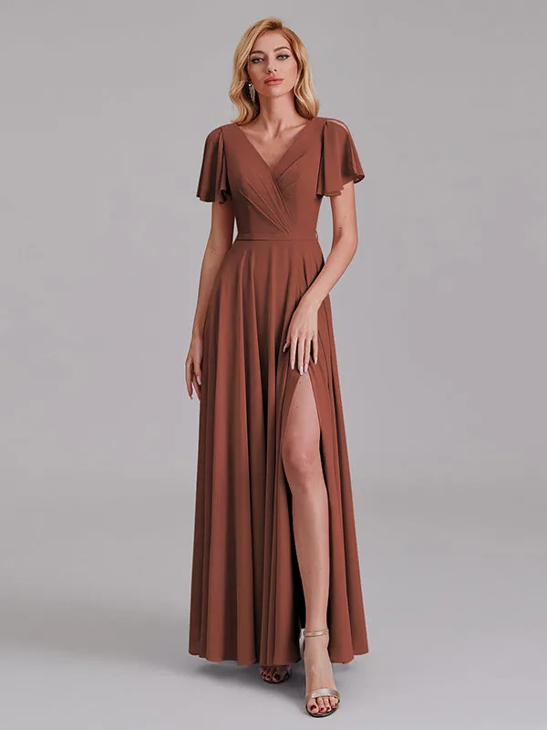 A-Line V-Neck Short Sleeves Side Slit Chiffon Bridesmaid Dress With Belt