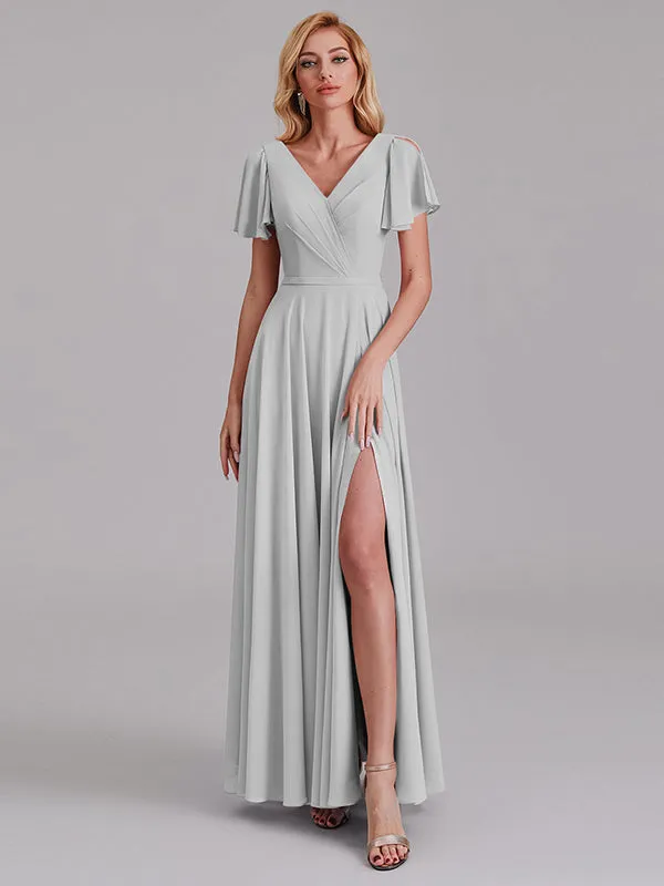 A-Line V-Neck Short Sleeves Side Slit Chiffon Bridesmaid Dress With Belt
