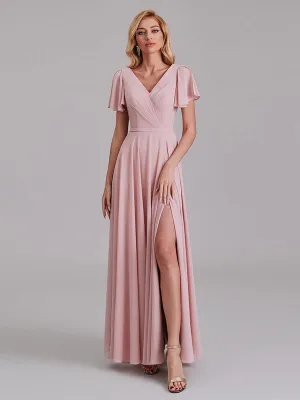 A-Line V-Neck Short Sleeves Side Slit Chiffon Bridesmaid Dress With Belt