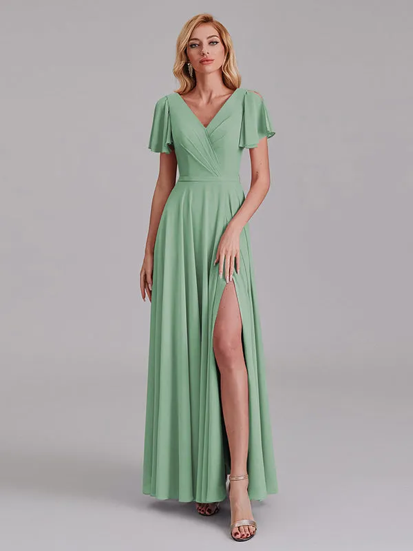 A-Line V-Neck Short Sleeves Side Slit Chiffon Bridesmaid Dress With Belt