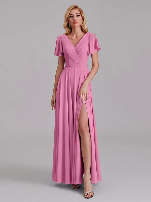 A-Line V-Neck Short Sleeves Side Slit Chiffon Bridesmaid Dress With Belt