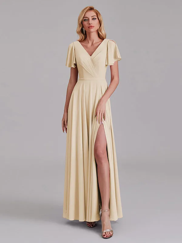 A-Line V-Neck Short Sleeves Side Slit Chiffon Bridesmaid Dress With Belt
