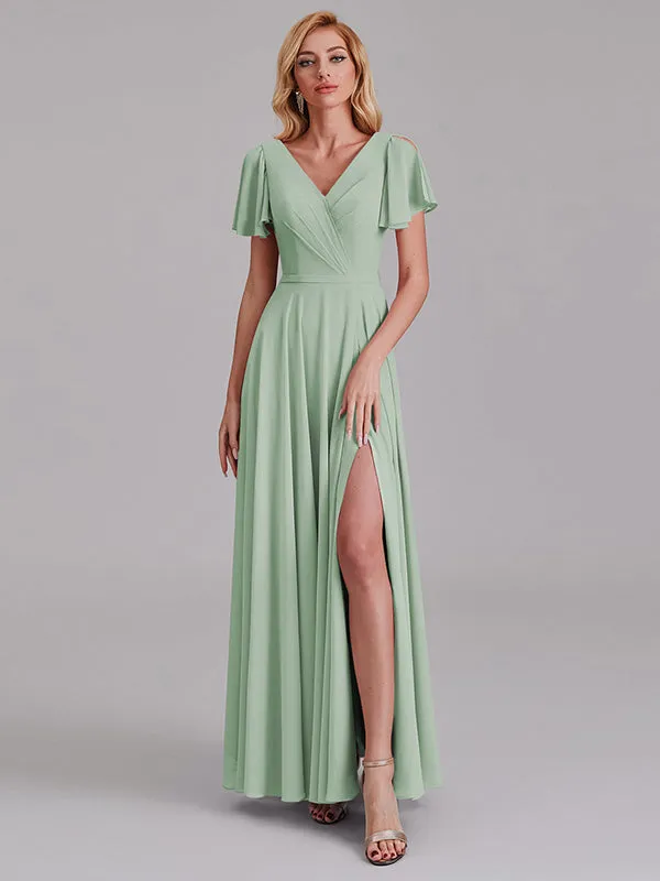 A-Line V-Neck Short Sleeves Side Slit Chiffon Bridesmaid Dress With Belt