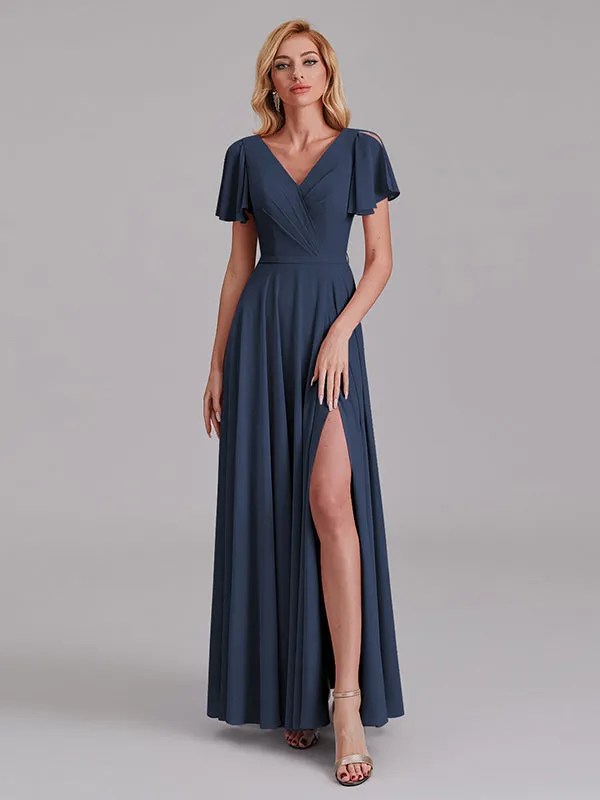 A-Line V-Neck Short Sleeves Side Slit Chiffon Bridesmaid Dress With Belt