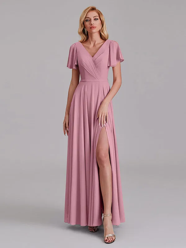 A-Line V-Neck Short Sleeves Side Slit Chiffon Bridesmaid Dress With Belt