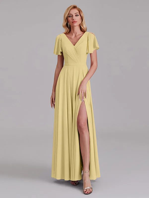 A-Line V-Neck Short Sleeves Side Slit Chiffon Bridesmaid Dress With Belt