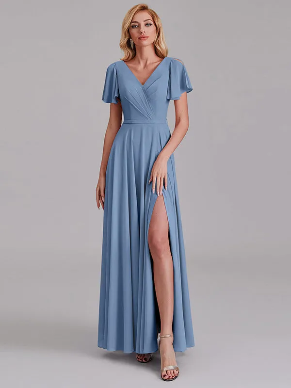 A-Line V-Neck Short Sleeves Side Slit Chiffon Bridesmaid Dress With Belt