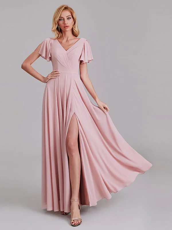 A-Line V-Neck Short Sleeves Side Slit Chiffon Bridesmaid Dress With Belt