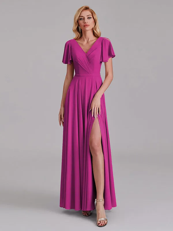 A-Line V-Neck Short Sleeves Side Slit Chiffon Bridesmaid Dress With Belt