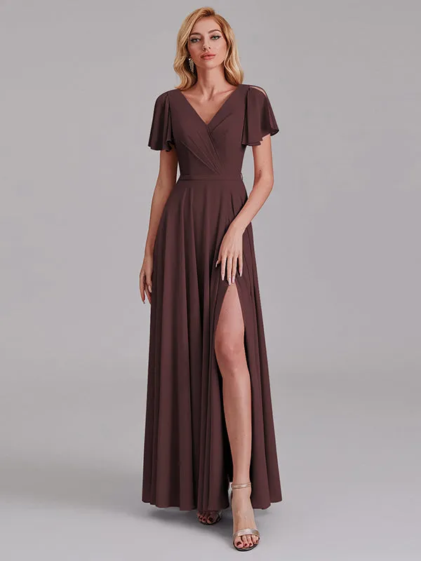 A-Line V-Neck Short Sleeves Side Slit Chiffon Bridesmaid Dress With Belt