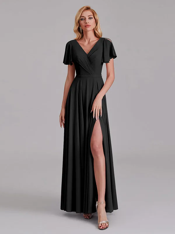 A-Line V-Neck Short Sleeves Side Slit Chiffon Bridesmaid Dress With Belt