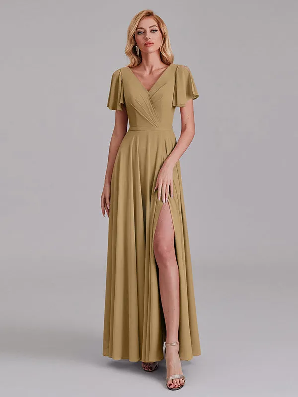 A-Line V-Neck Short Sleeves Side Slit Chiffon Bridesmaid Dress With Belt