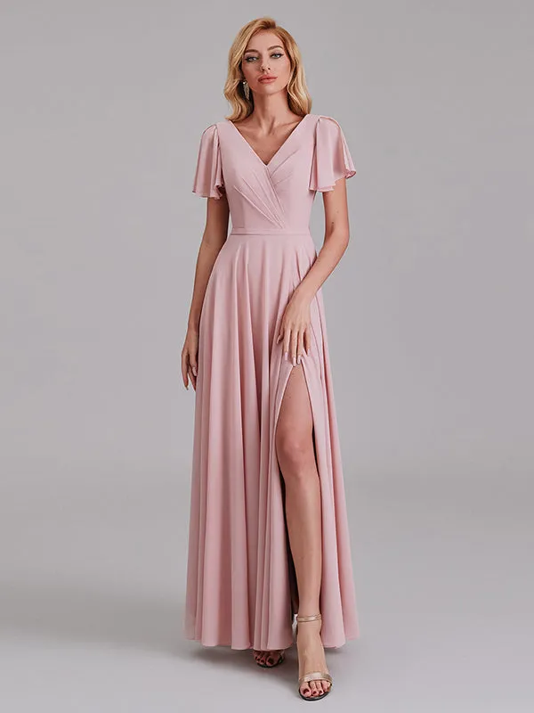 A-Line V-Neck Short Sleeves Side Slit Chiffon Bridesmaid Dress With Belt