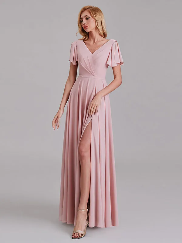 A-Line V-Neck Short Sleeves Side Slit Chiffon Bridesmaid Dress With Belt