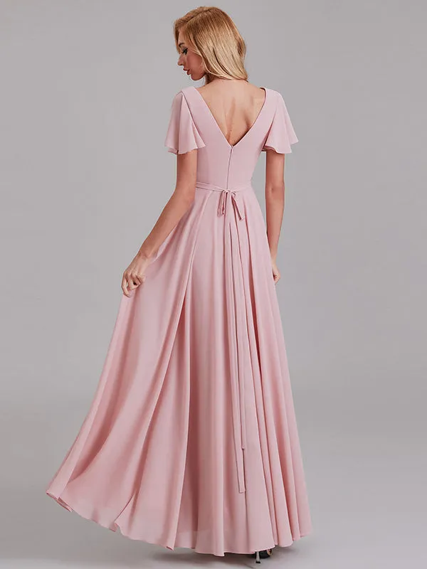 A-Line V-Neck Short Sleeves Side Slit Chiffon Bridesmaid Dress With Belt