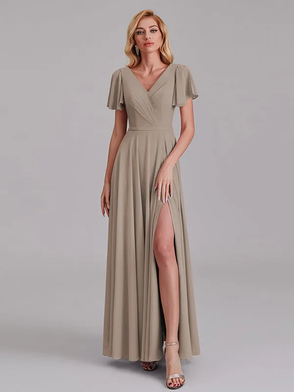 A-Line V-Neck Short Sleeves Side Slit Chiffon Bridesmaid Dress With Belt